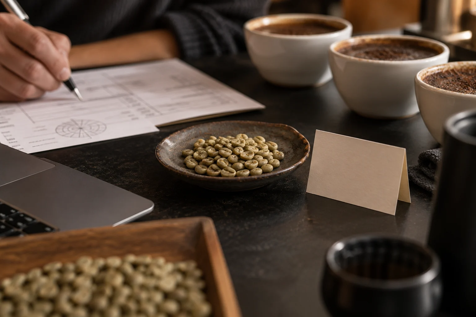 A small sample of green coffee beans sits beside a blank lot card, a faint cupping sheet and the edge of a laptop on a dark table.
