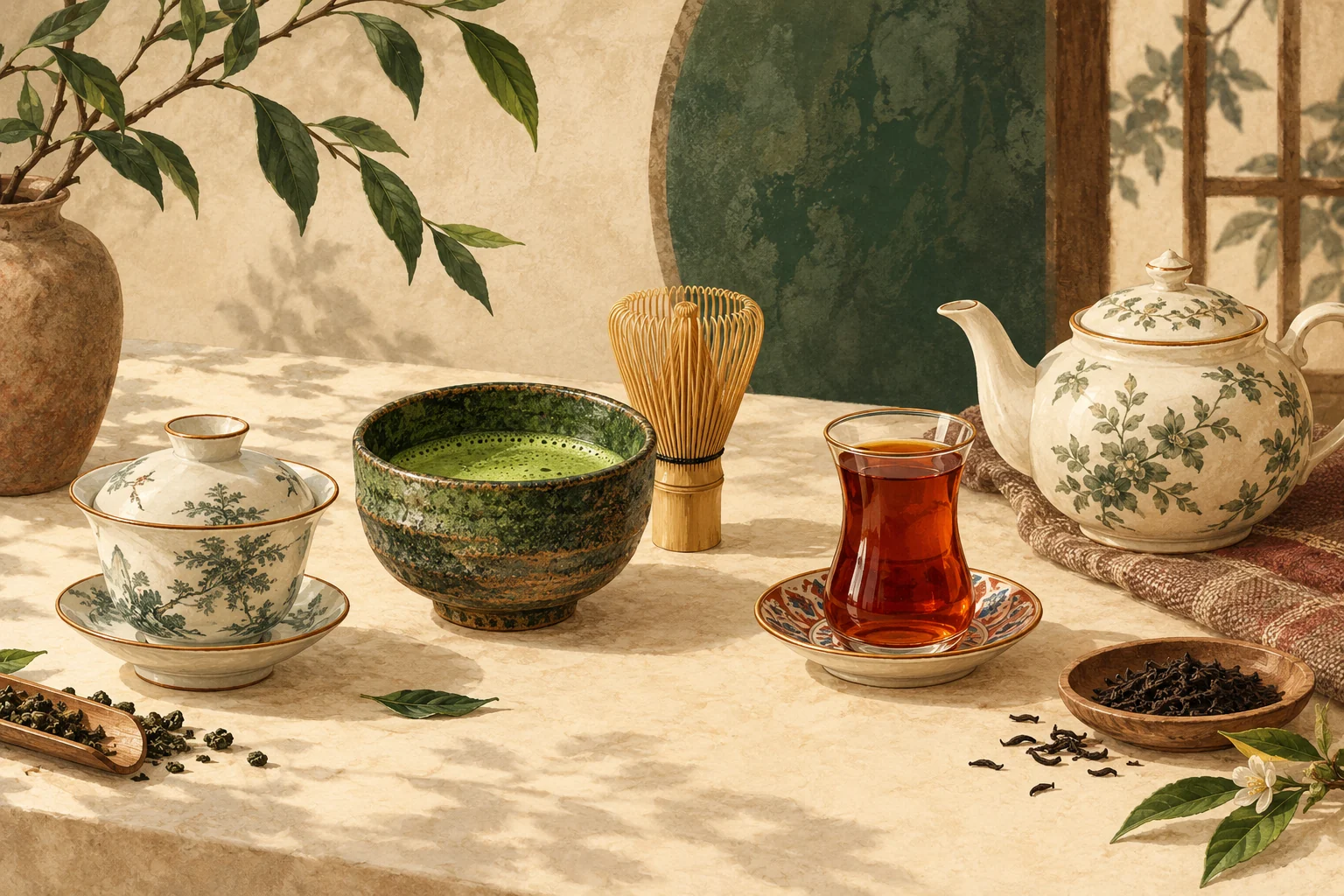 Editorial illustration of a gaiwan, matcha bowl, bamboo whisk, tulip tea glass and teapot.
