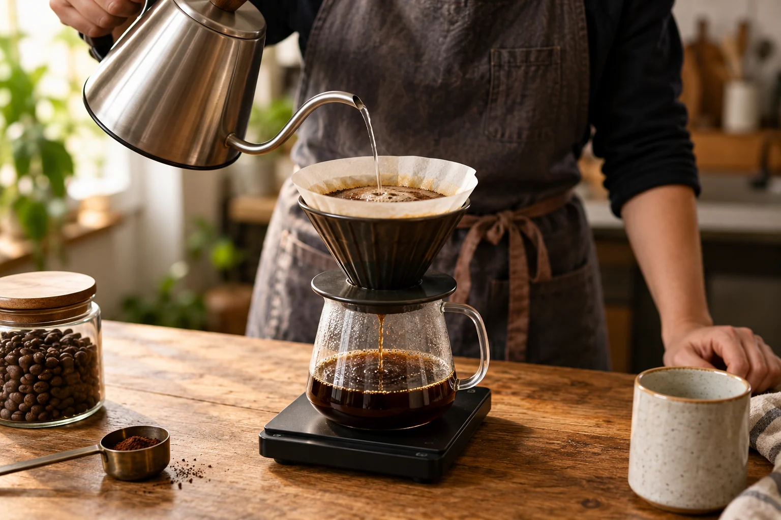 A gooseneck kettle pours into a paper-filter pour-over brewer on a digital scale, with a small coffee measurement tool at the edge.