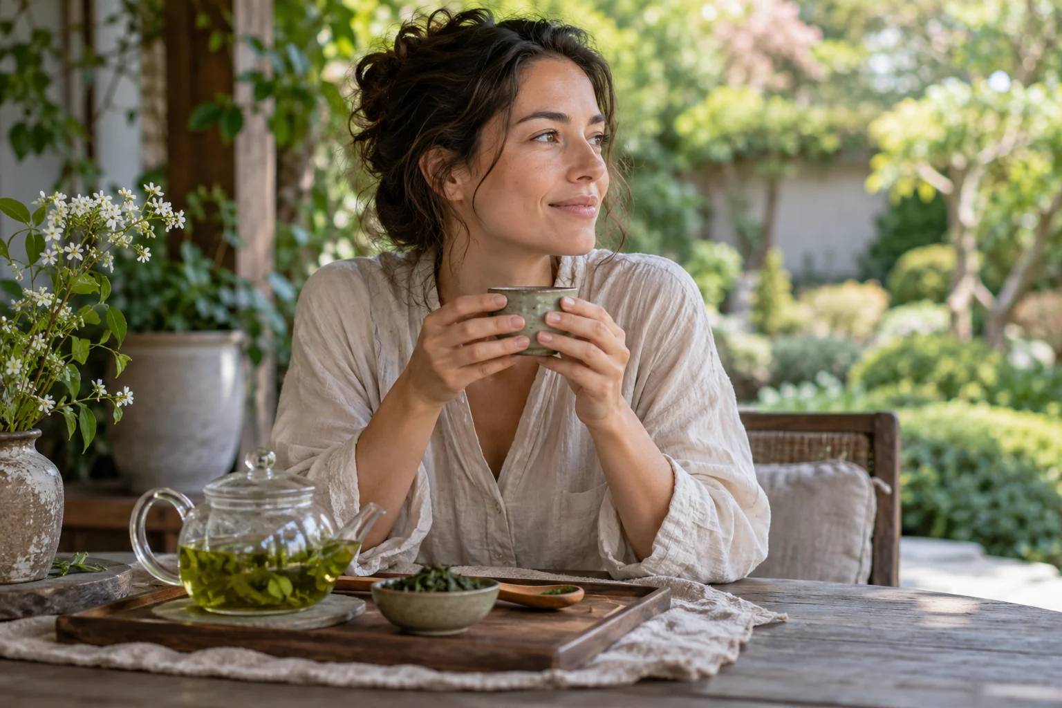 An adult with natural unretouched skin sits at a shaded outdoor table holding a small cup of green tea while looking toward the garden.