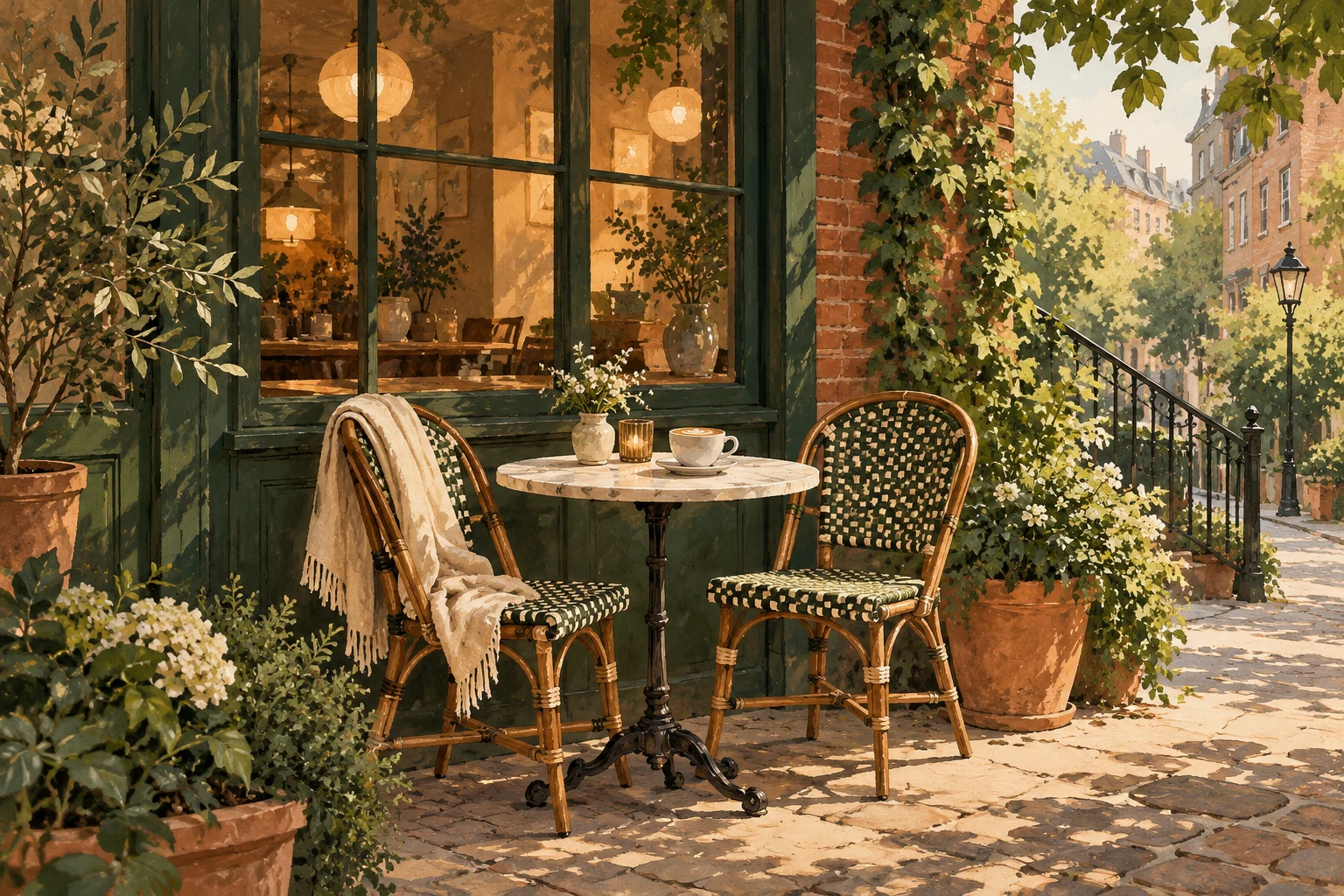 Conceptual illustration of an imaginary neighborhood cafe with two chairs and a coffee table.