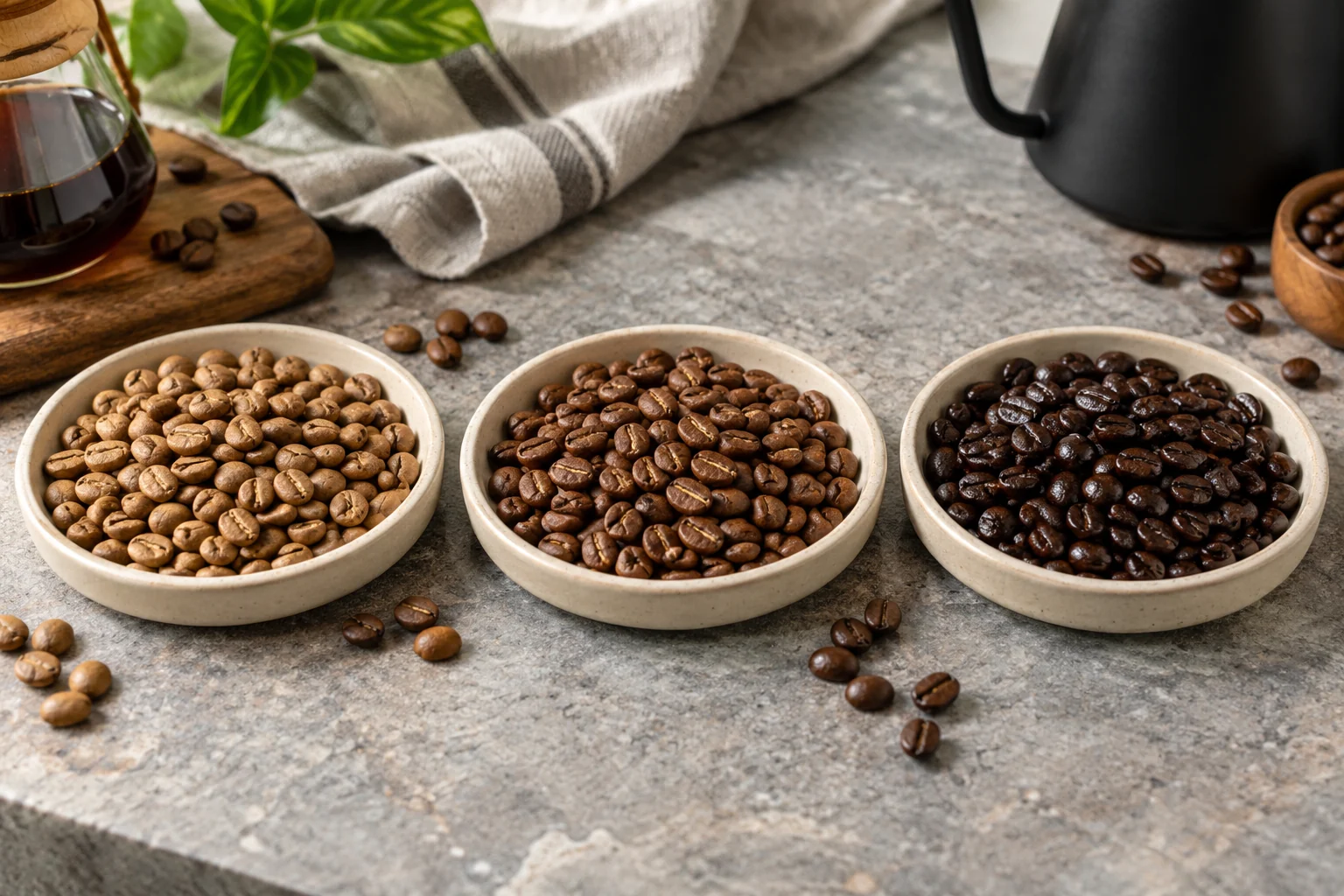 Three ceramic trays display light, medium and dark roasted coffee beans side by side on a cool stone surface.
