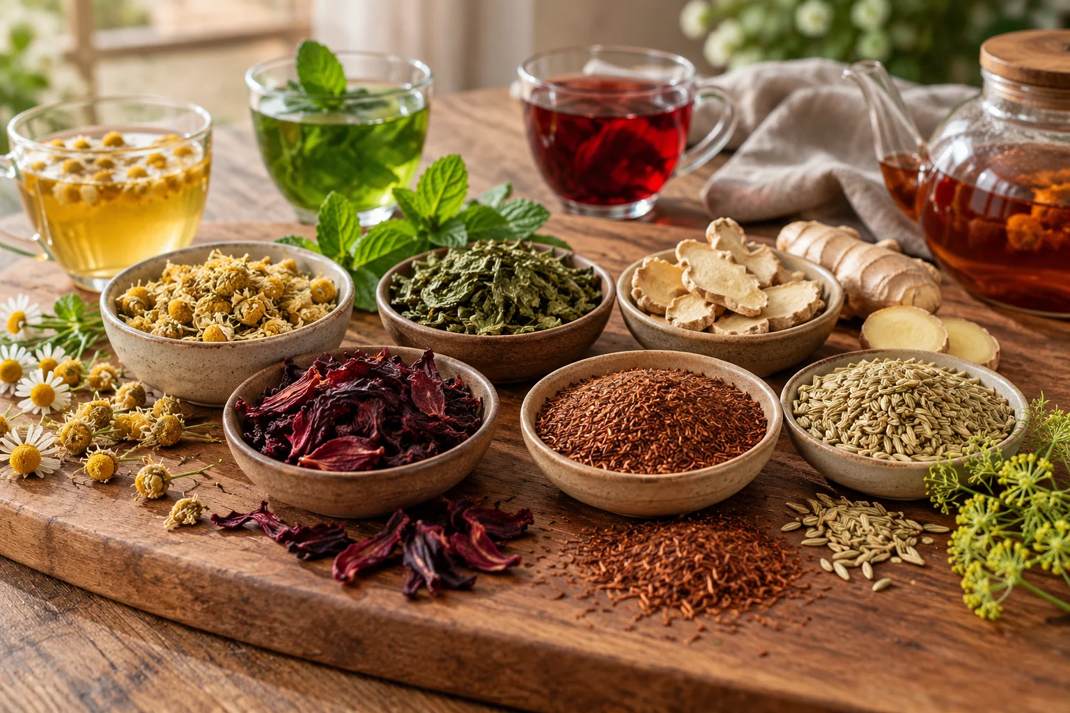 Dried chamomile, peppermint, ginger, hibiscus, rooibos and fennel arranged in six separate groups.