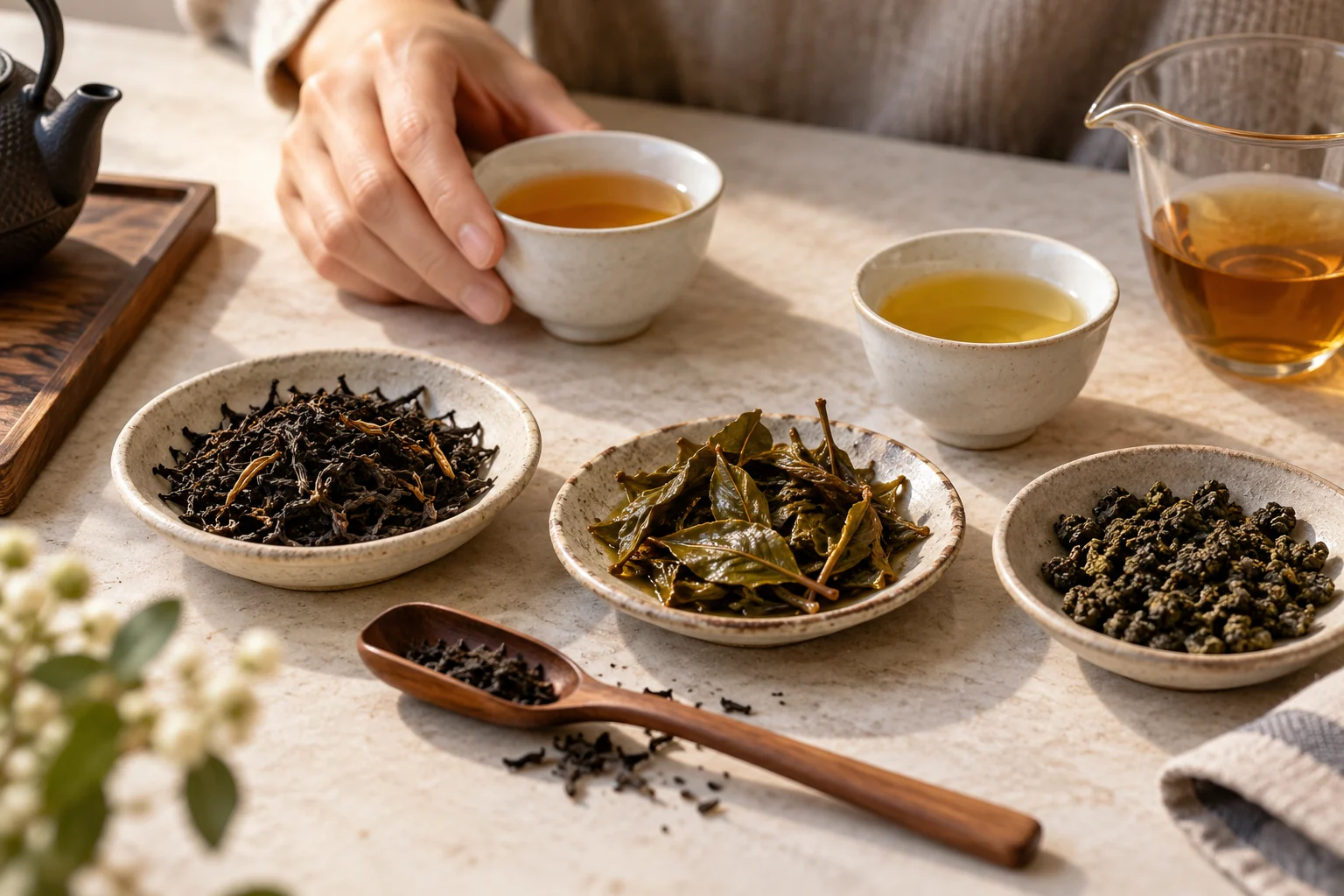 Dry tea leaves, opened wet leaves, two small tasting cups and a spoon are arranged on a pale tasting table.