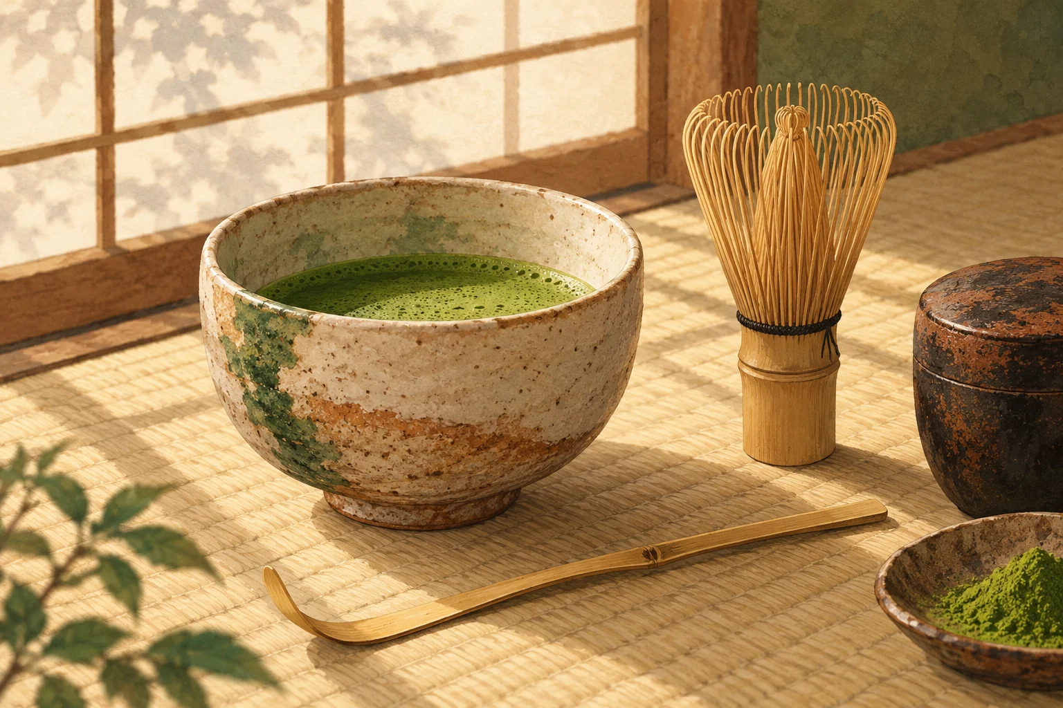 Editorial illustration of a matcha bowl, bamboo whisk and tea scoop in soft shoji light.